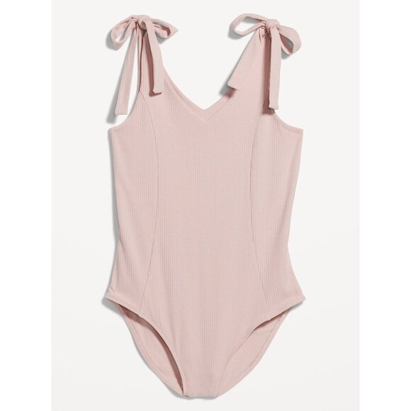 Tie-Shoulder V-Neck Rib-Knit Bodysuit Abalone Pink Old Navy Size XS Dance Ballet - Picture 1 of 4
